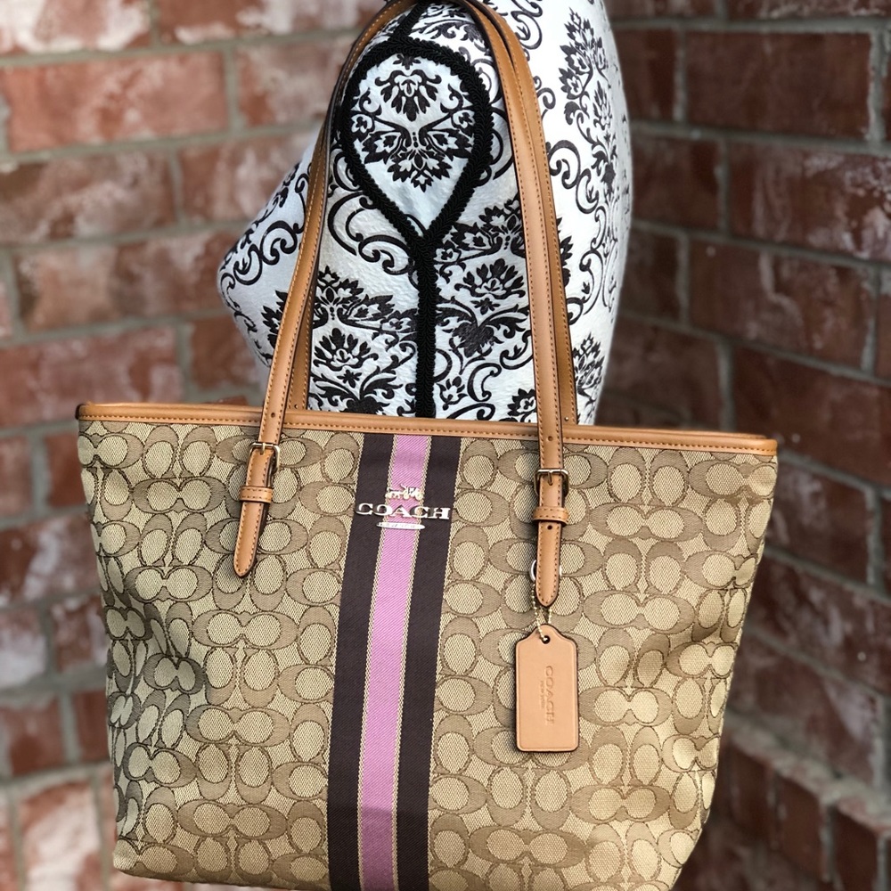 Coach center stripe signature tote bag dark khaki - Picture 3 of 8